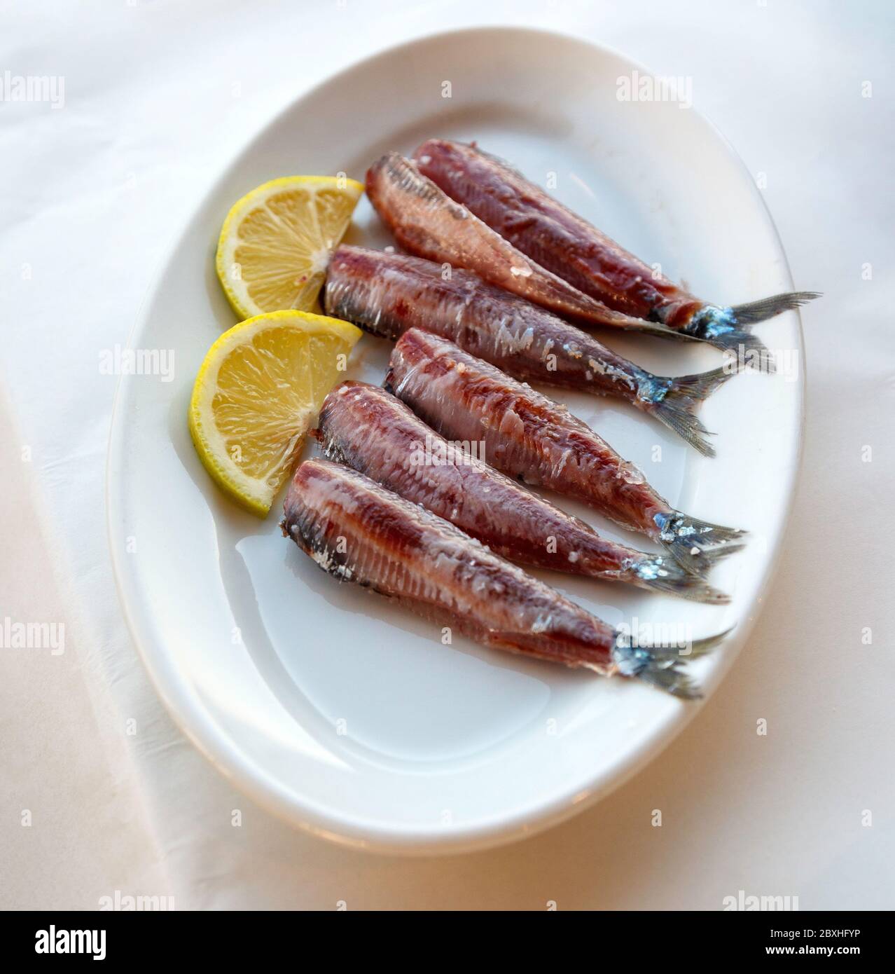 Sardine di Kalloni, la famosa gastronomia dell'isola di Lesvos, in Grecia. Foto Stock