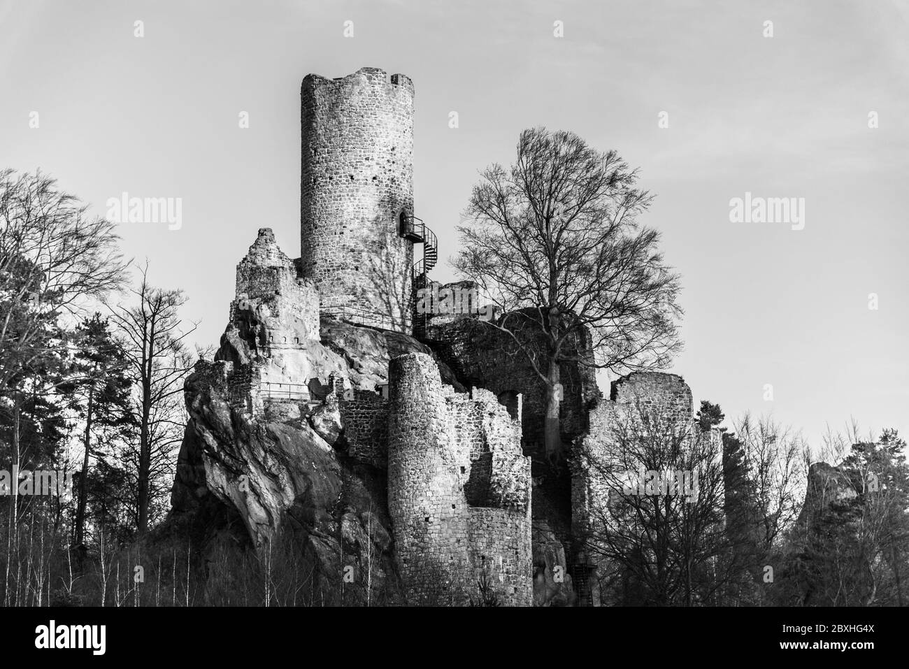 Castello di Frydstejn. Rovine medievali con torre in pietra. Pradise bohemien, ceco: Cesky raj, Repubblica Ceca. Immagine in bianco e nero. Foto Stock