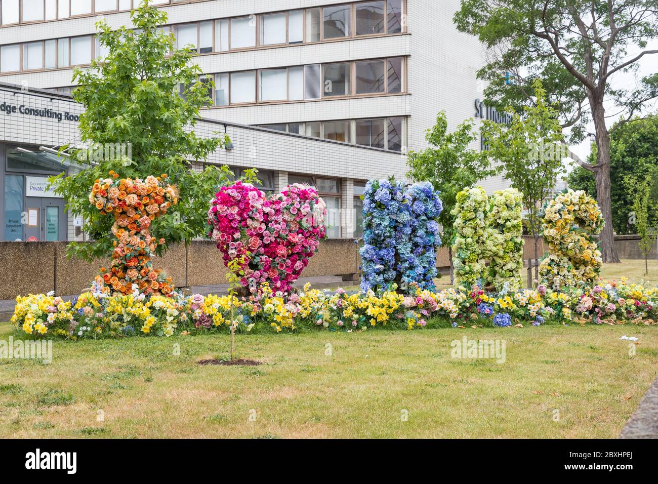 Installazione di fiori a supporto del NHS Foto Stock