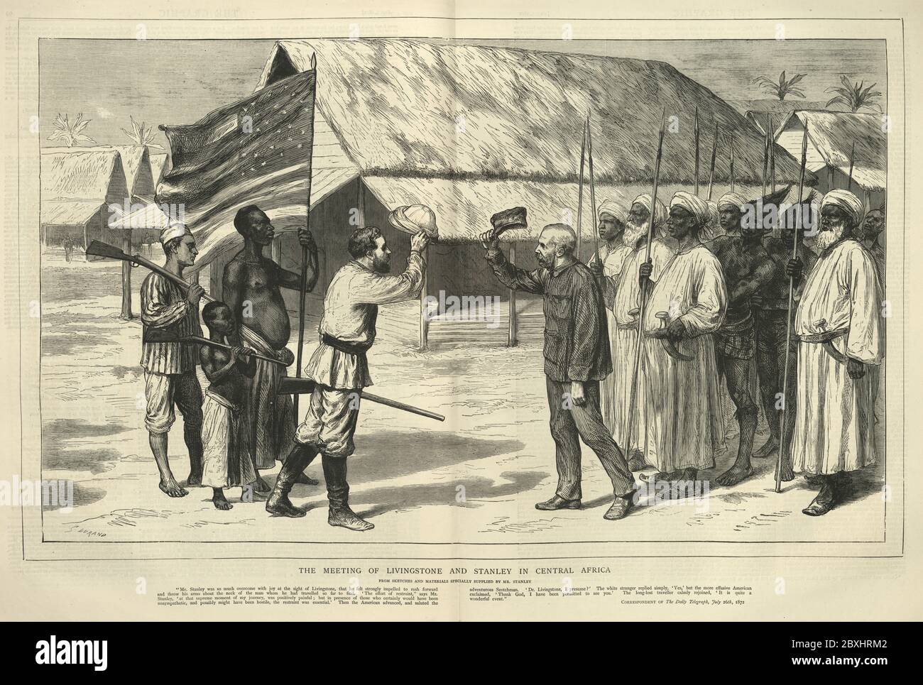 Dr. Livingstone, presumo. Incontro tra David Livingstone e Henry Morton Stanley. Grafico giornale illustrato, 1872 Foto Stock