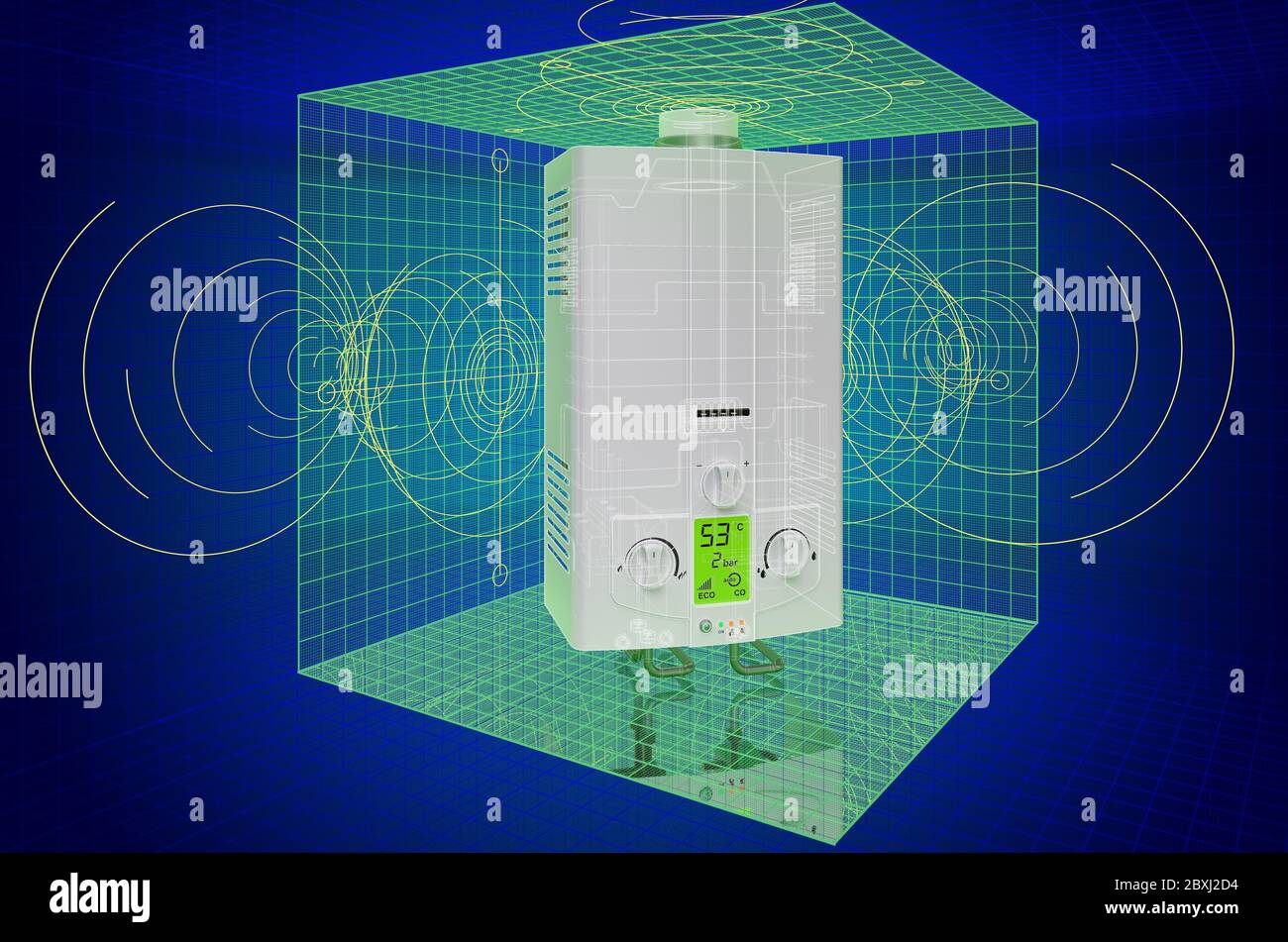 Visualizzazione modello cad 3d di caldaia a gas, progetto scaldabagno. Rendering 3D Foto Stock