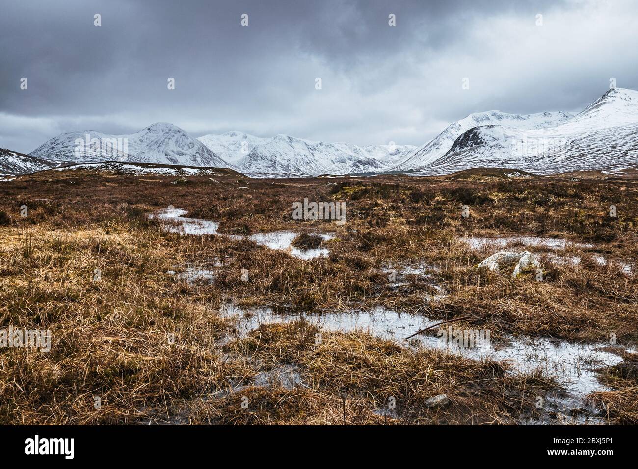 Paesaggio invernale delle Highlands scozzesi con cielo tempestoso. Cime innevate della catena del Black Mount attraverso i lochans di Rannoch Moor. Foto Stock