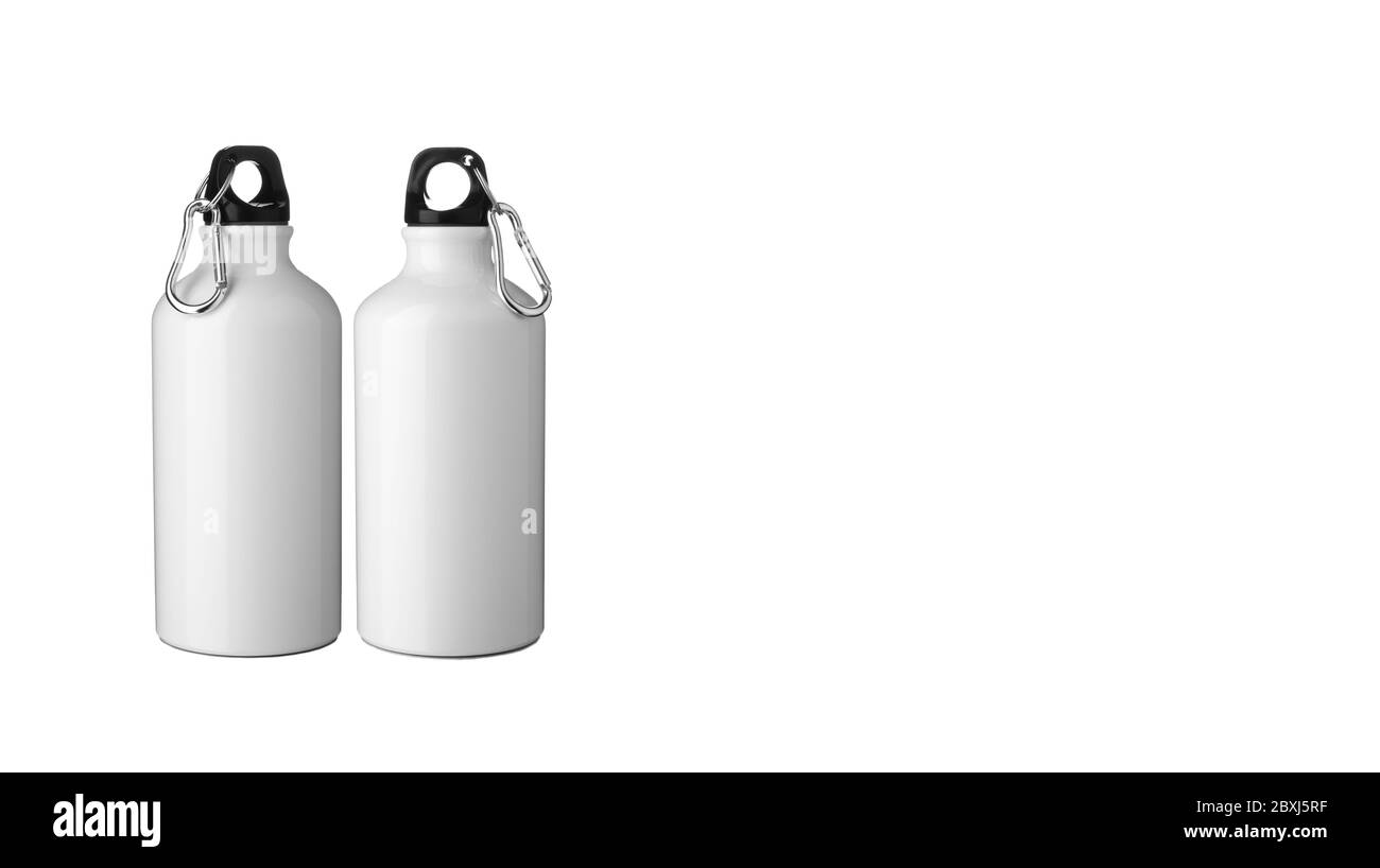 Due fiasche di alluminio per acqua o bevande isolate su fondo bianco. Foto Stock