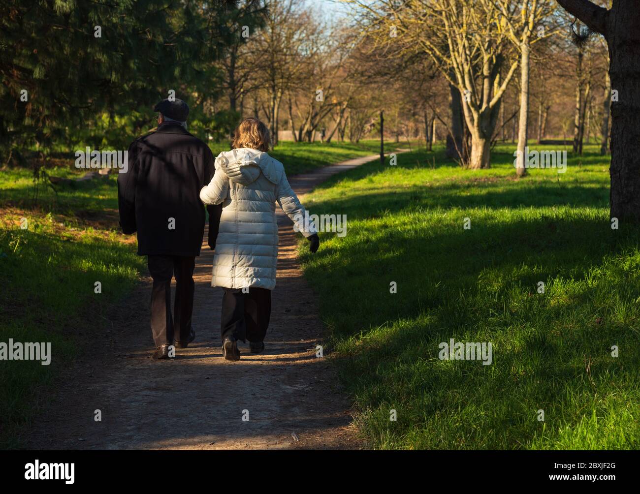 Coppia anziana che cammina nella foresta di Vincennes di Parigi, in Francia, in rara giornata di sole in inverno. Vista posteriore. Stile di vita sano e attivo. Concetto di benessere per anziani. Foto Stock