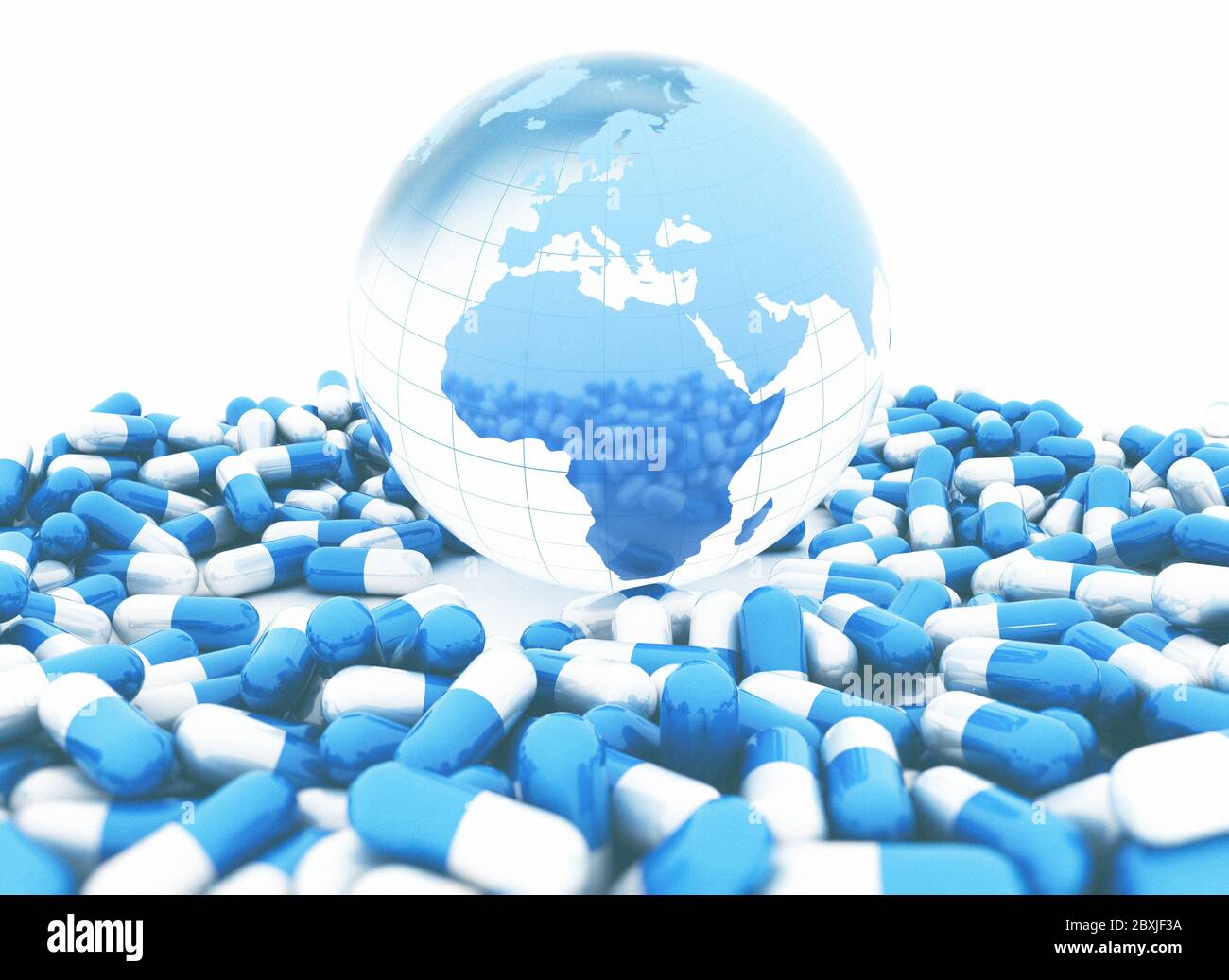 Pillole di medicina e mondo isolato su bianco. Illustrazione 3D Foto Stock