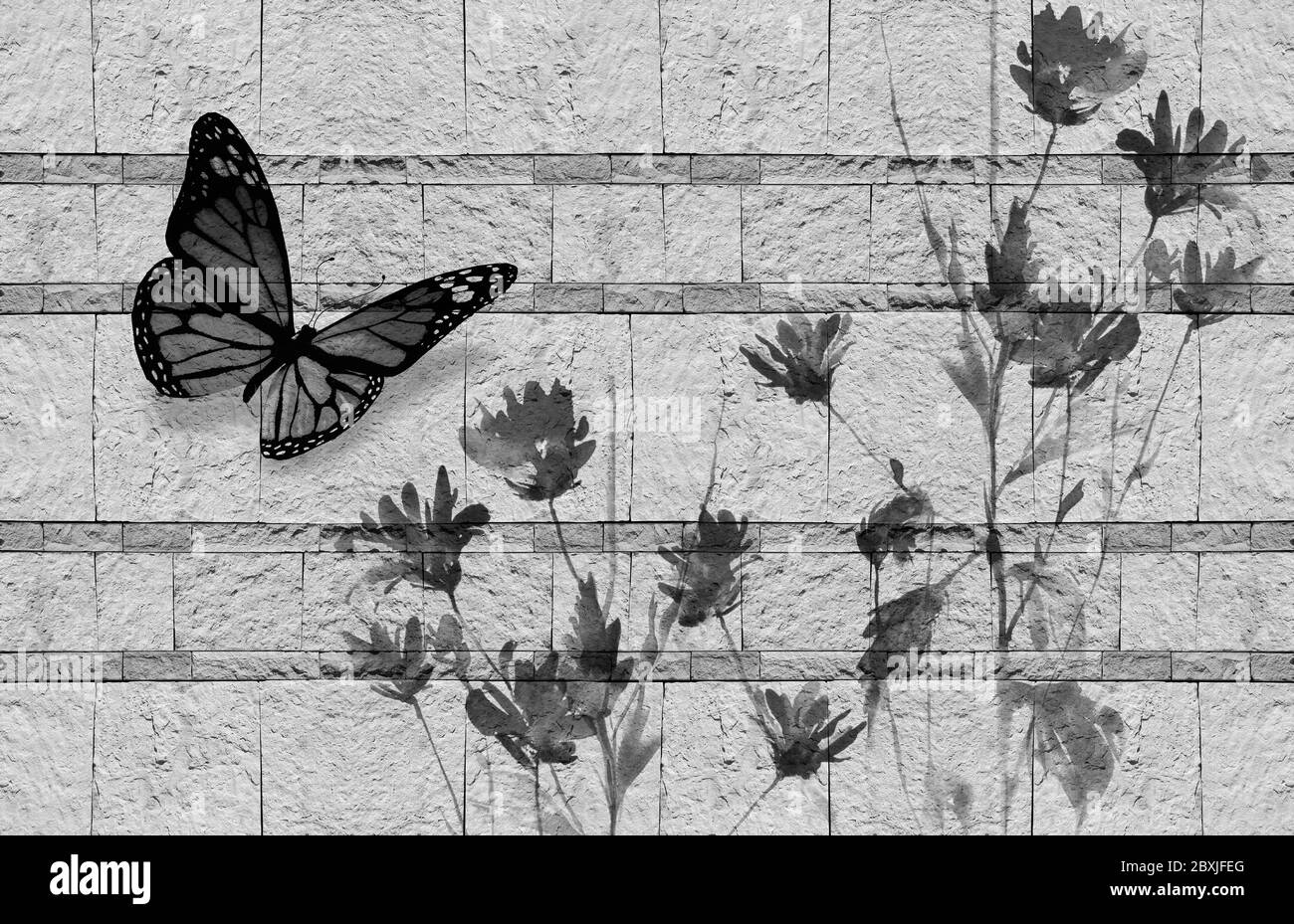 texture di sfondo 3d, fiori selvatici e farfalla su calcare Foto Stock