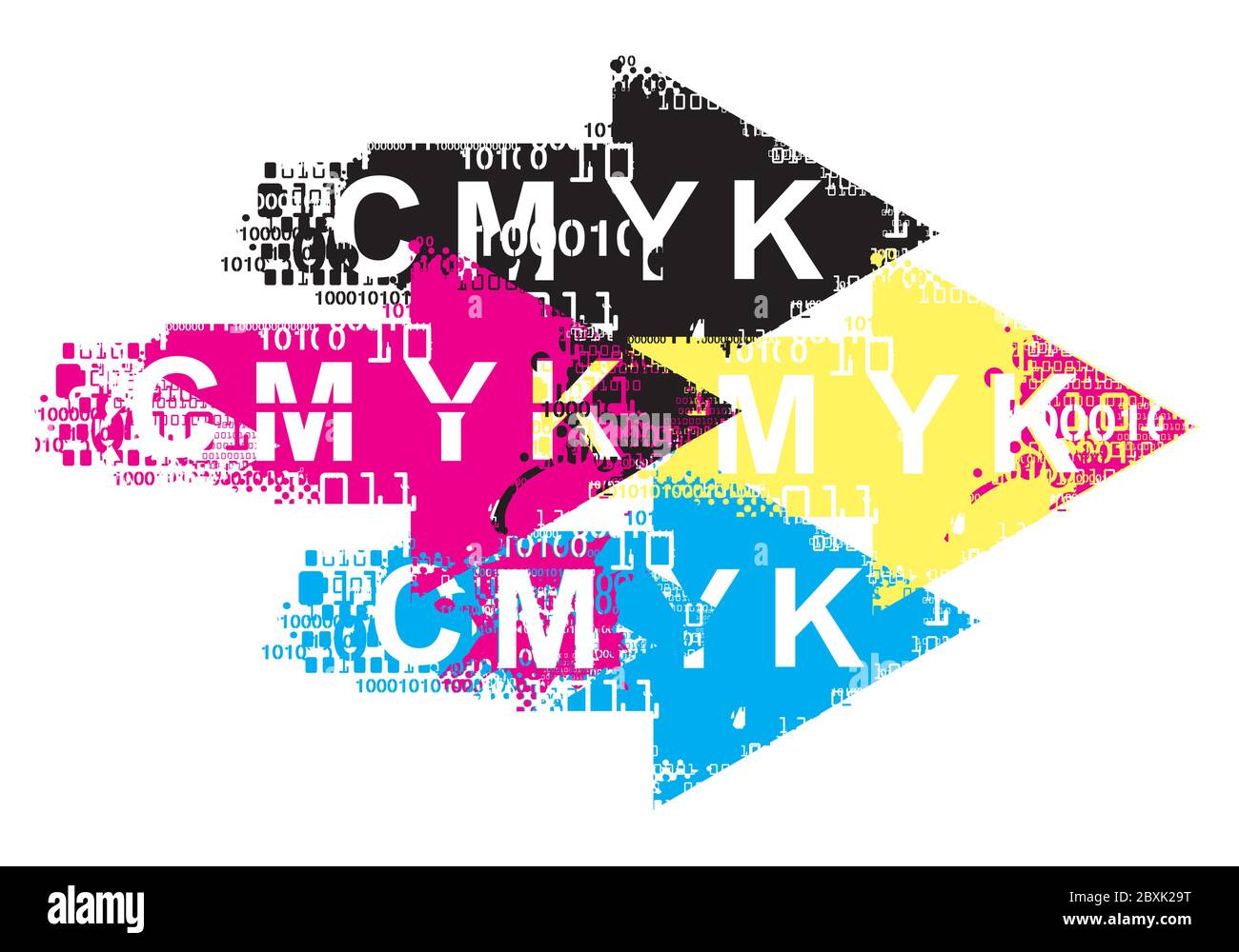 Frecce espressive con codici binari, dati di stampa. Grunge sfondo stilizzato con codici binari e iscrizione CMYK. Vettore disponibile. Illustrazione Vettoriale