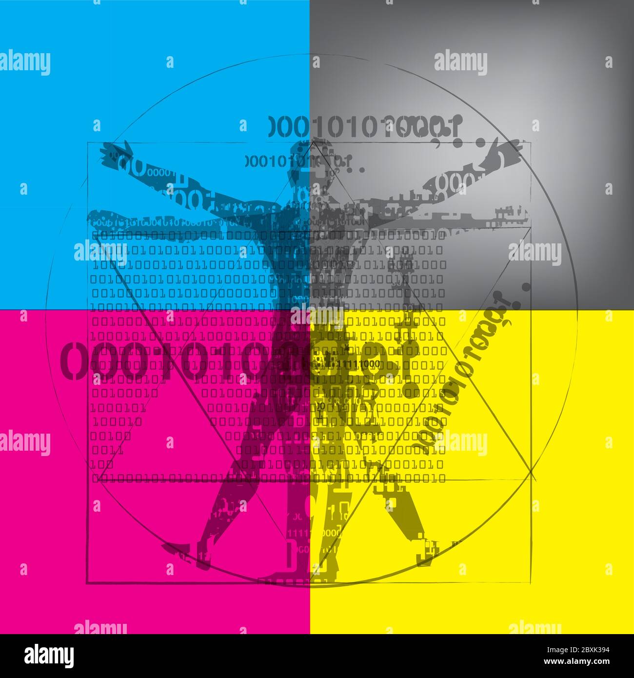 Uomo itruviano con codici binari su sfondo colori CMYK. Illustrazione espressiva futuristica dell'uomo vitruviano con codici binari. Illustrazione Vettoriale