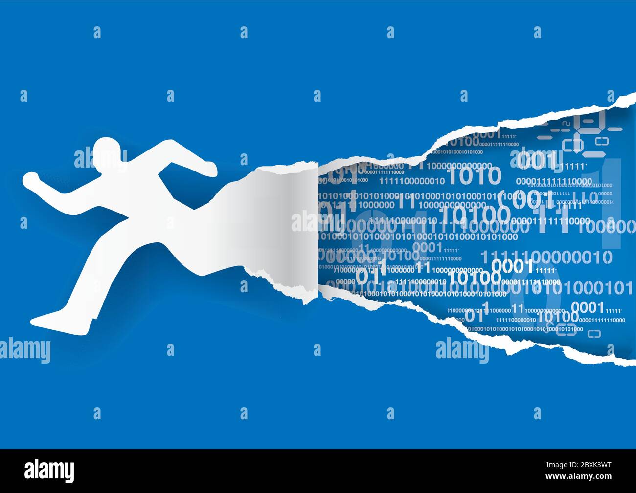 connessione internet ast, codici man e binari. Immagine della silhouette maschile che straccia carta blu con codici binari. Concetto per un flusso di dati rapido. Illustrazione Vettoriale