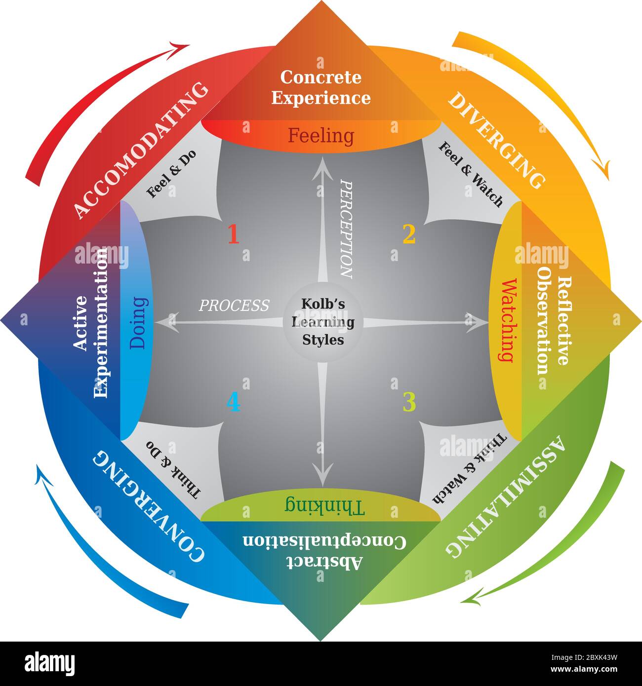 Diagramma di stili di apprendimento di Kolb, Life Coaching e strumento di formazione, lingua inglese Illustrazione Vettoriale
