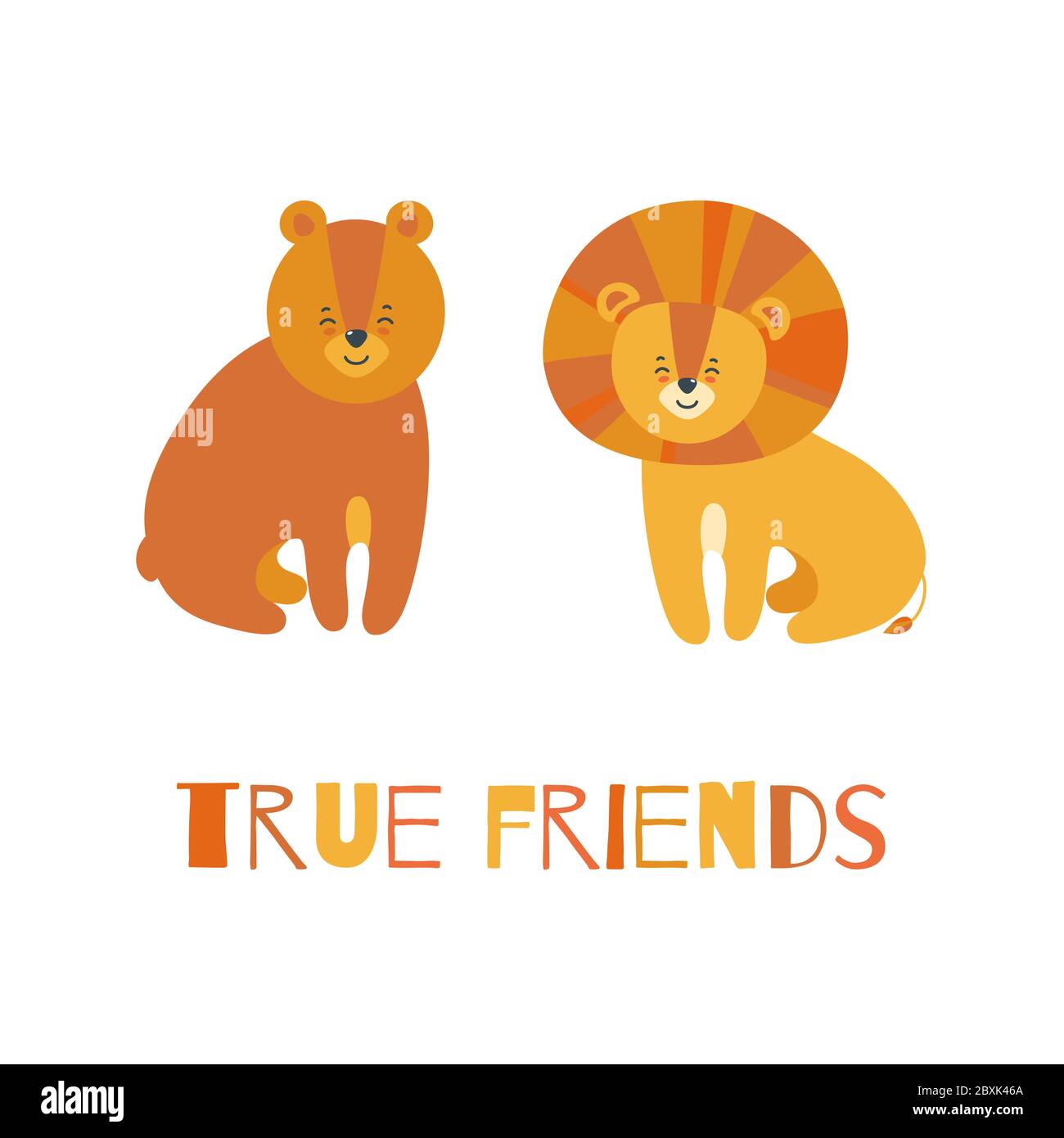 Veri amici animali. Leone sorridente e orso seduti l'uno accanto all'altro. Illustrazione vettoriale in stile cartoon Illustrazione Vettoriale