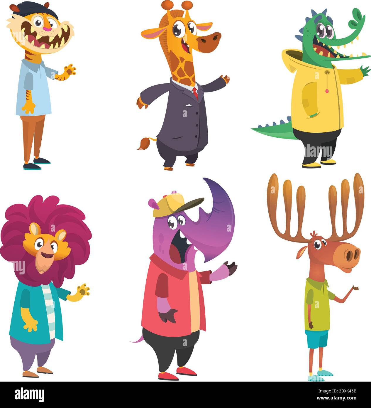 Set di animali da hipster cartoon. Animale in abbigliamento. Stile informale. Illustrazione vettoriale cartoon. Tigre, giraffe, leone, coccodrillo, alce, rinoceronte. Stile piatto Illustrazione Vettoriale