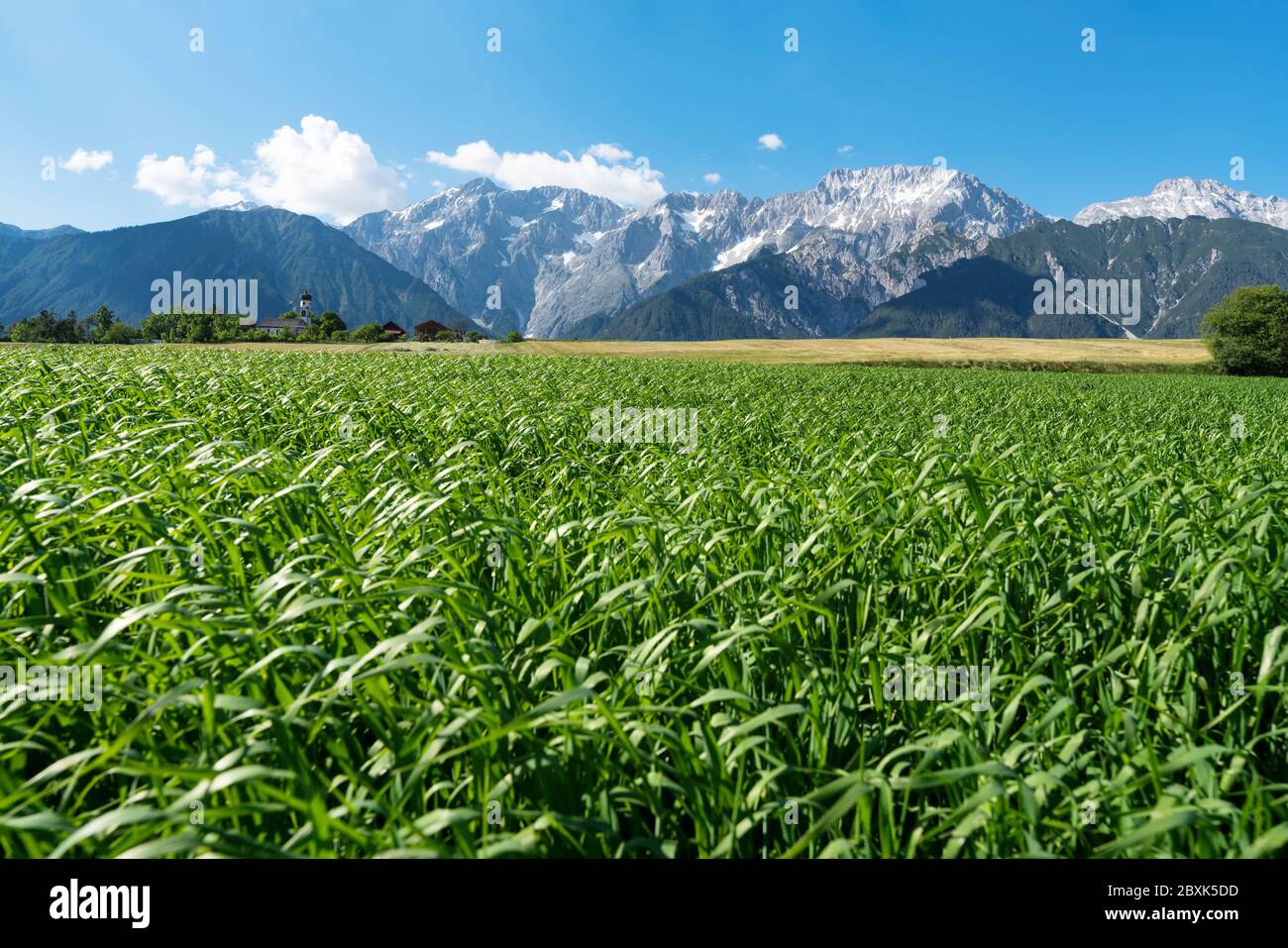 Campi agricoli lungo la catena montuosa rocciosa con tipica chiesetta austriaca nel soleggiato giorno estivo, Mieming, Austria Foto Stock