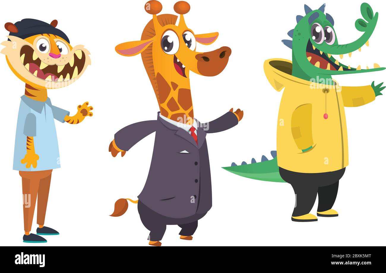 Set di animali da hipster cartoon. Animale in abbigliamento. Stile informale. Illustrazione vettoriale cartoon. Tigre, giraffe, coccodrillo. Illustrazione piatta Illustrazione Vettoriale