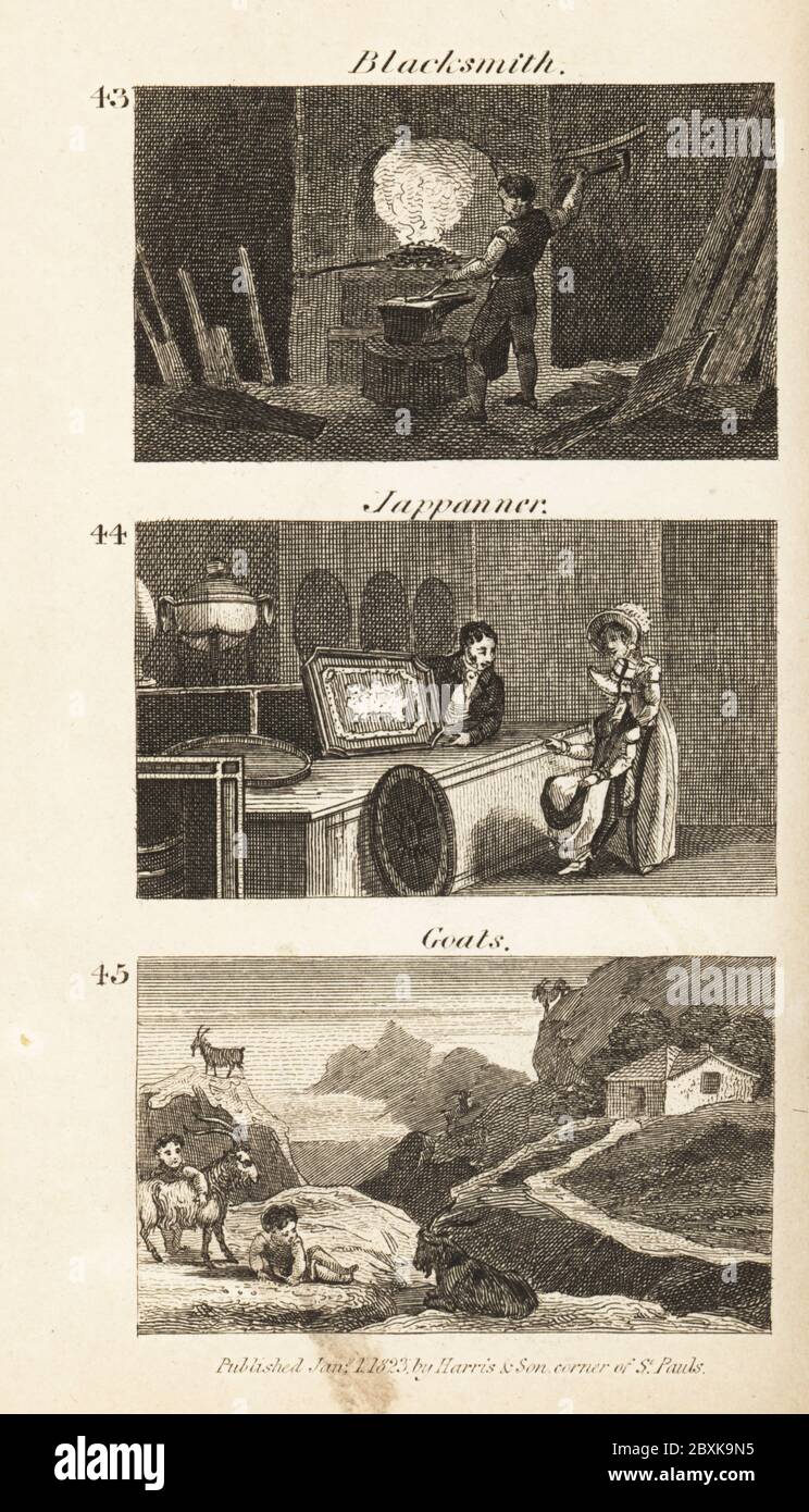 Commerci in Regency Inghilterra: Fabbro, Jappanner e capre. Fabbro con martello e incudine di fronte ad una fucina nella Foresta del Diano 43, uomo che mostra un vassoio di pappagallo o laccato in Pontypool 44, e capre selvatiche nelle colline di Pembroke 45. Incisione su legno delle scene della British Wealth di Isaac Taylor, in produzione, produzione e commercio, John Harris, Londra, 1823. Isaac Taylor è stato uno scrittore, artista, incisore e inventore inglese 1787-1865. Foto Stock