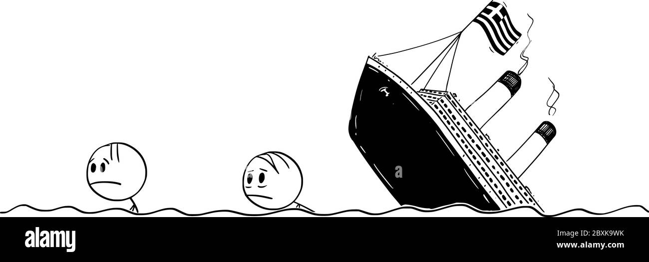 Disegno grafico vettoriale di un cartoon illustrazione concettuale di due uomini o sopravvissuti che nuotano in acqua, mare o oceano da nave o naufragio della Repubblica ellenica o Grecia. È possibile aggiungere il testo. Illustrazione Vettoriale
