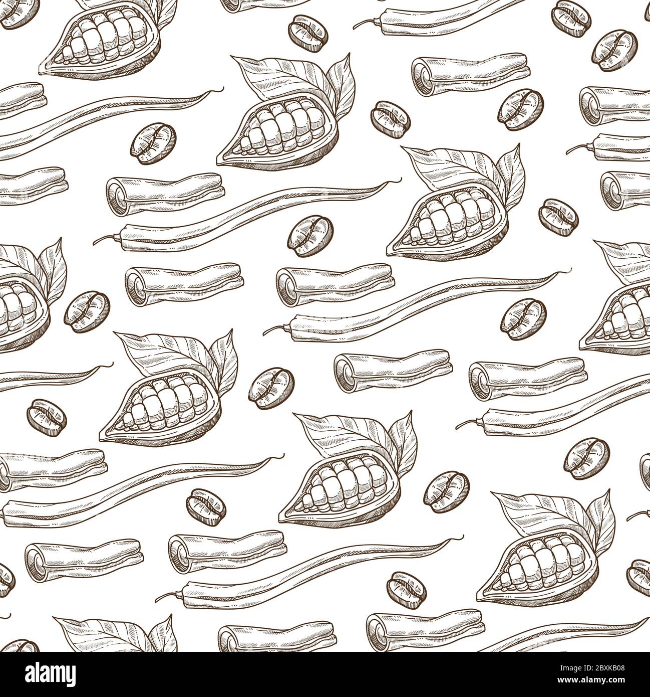 Caffè e cacao, bastone di cannella senza cuciture Illustrazione Vettoriale