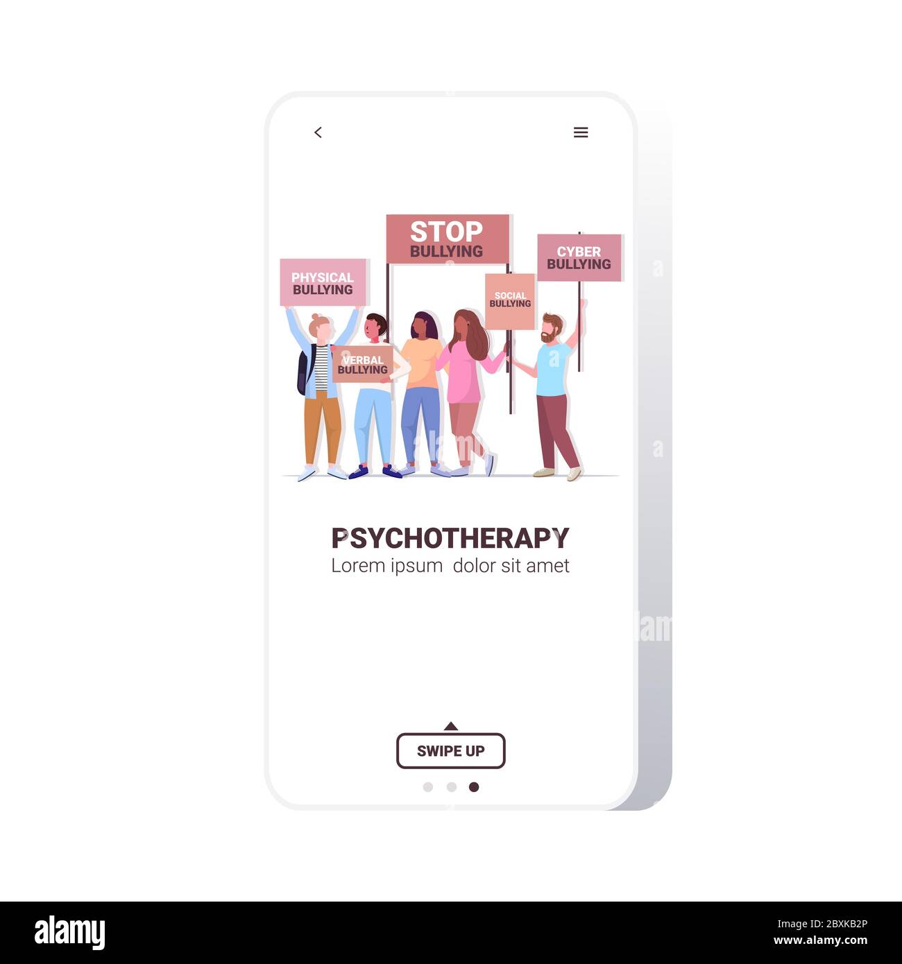 mix di attivisti di corsa che tengono stop bullismo banner concetto psicoterapia smartphone schermo app mobile copia spazio piena lunghezza illustrazione vettoriale Illustrazione Vettoriale