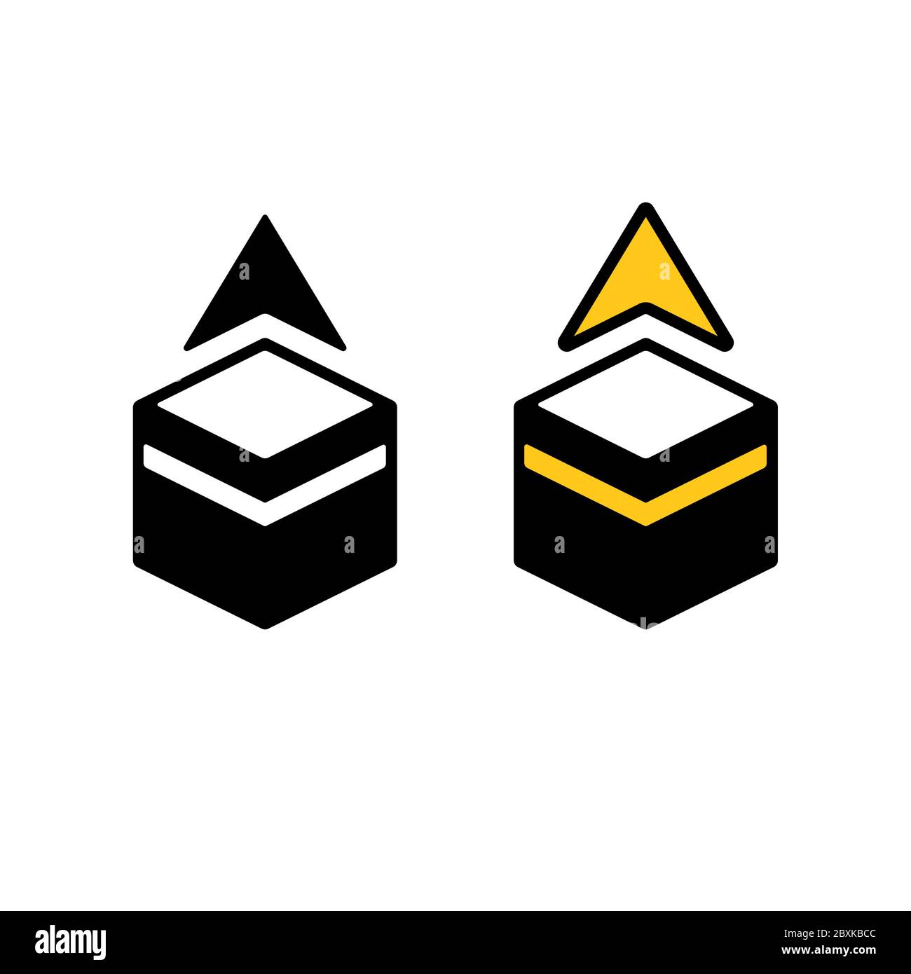 Qibla, direzione della preghiera musulmana. Semplice icona del pittogramma di Kaaba in Mecca con freccia di puntamento. Pittogramma vettoriale in bianco e nero e dorato. Illustrazione Vettoriale