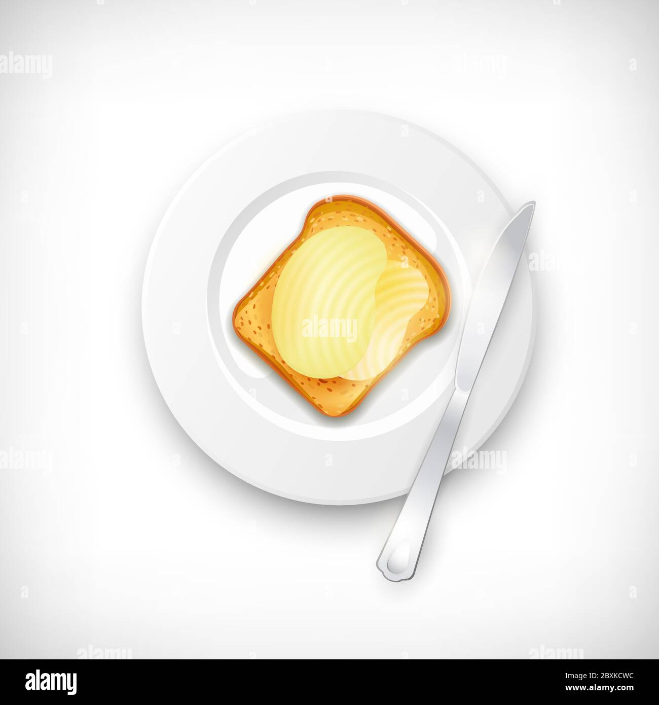 Pane tostato realistico con burro spalmato su piatto bianco. Coltello sulla piastra. Pranzo, cena, colazione, snack. Elementi per una sana cucina tema design. Illustrazione Vettoriale