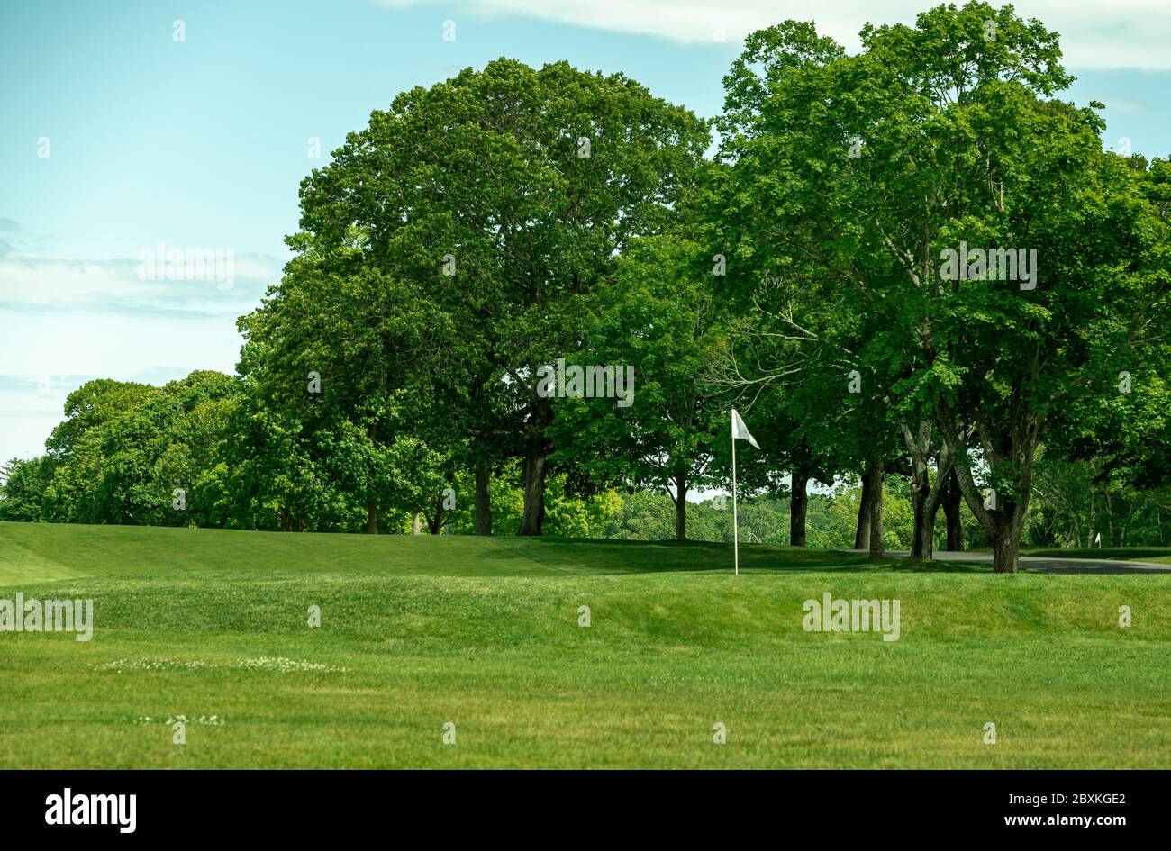 Paesaggio di un verde al Gardiner's Bay Golf Club a Dering Harbour, NY Foto Stock