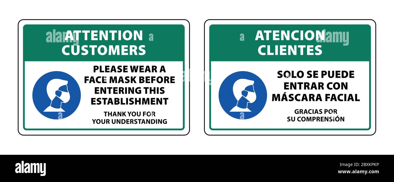 Attenzione bilingue i clienti indossano la maschera prima di entrare nel segno, attenzione clienti; si prega di indossare UNA maschera prima di entrare in questa struttura Illustrazione Vettoriale
