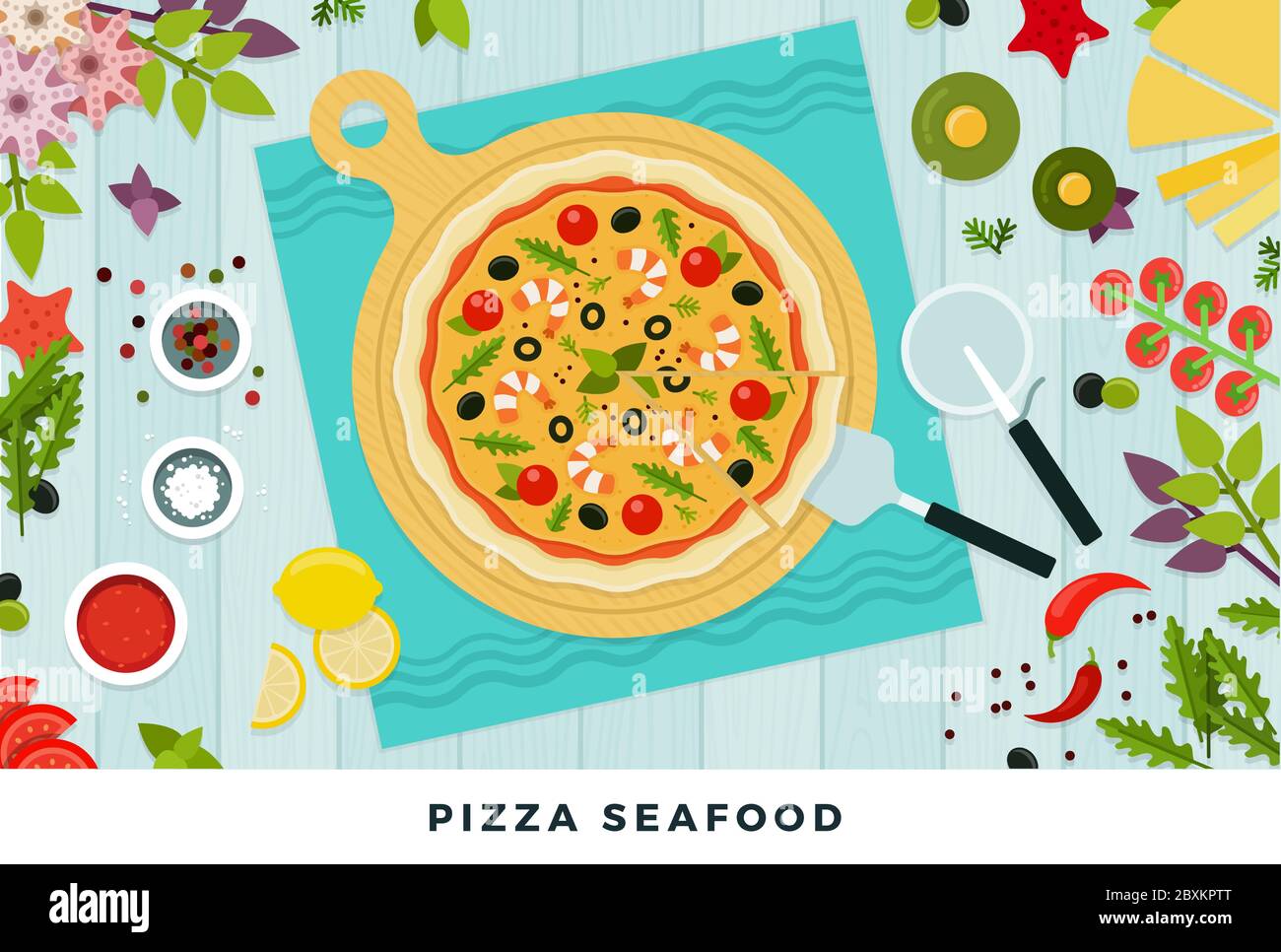 Banner pizza frutti di mare con prodotti. Illustrazione vettoriale in design piatto. Pizza con vista dall'alto. Illustrazione Vettoriale