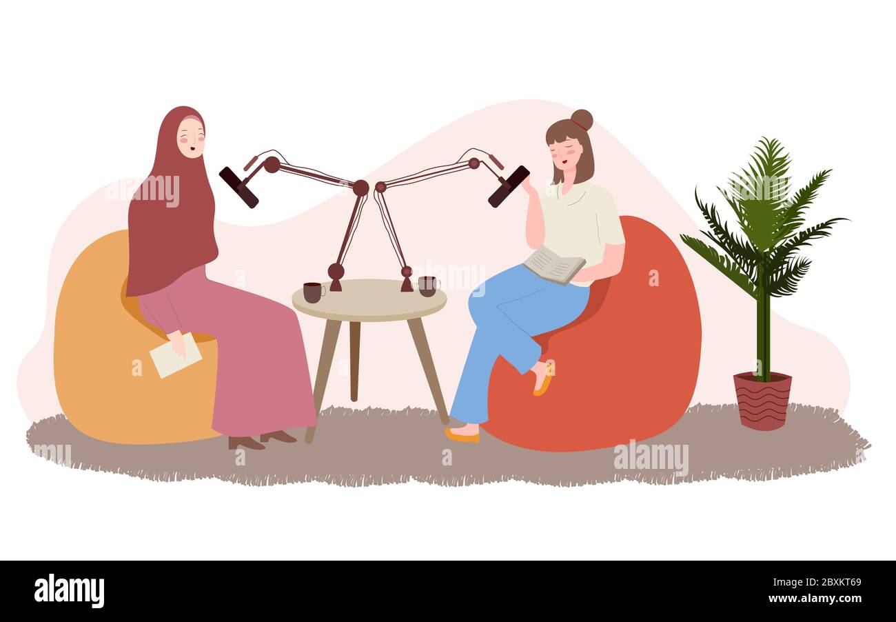 Intervista di registrazione donna musulmana con microfono in studio podcast media online concept cartoon personaggi illustrazione vettoriale. Illustrazione Vettoriale
