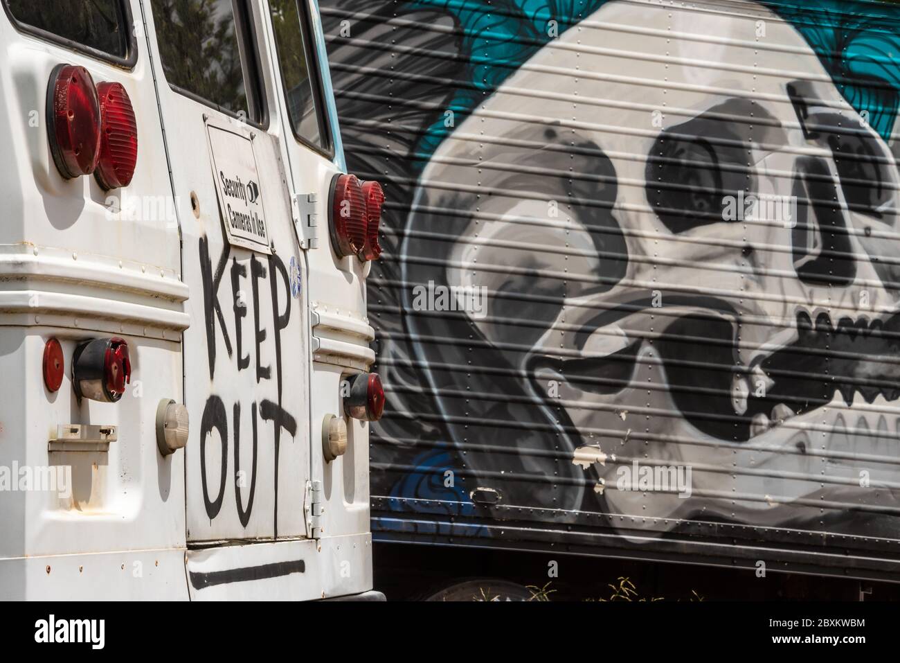 Graffiti Art presso il cimitero School Bus di Alto, Georgia, ai piedi delle montagne della Georgia settentrionale. (STATI UNITI) Foto Stock