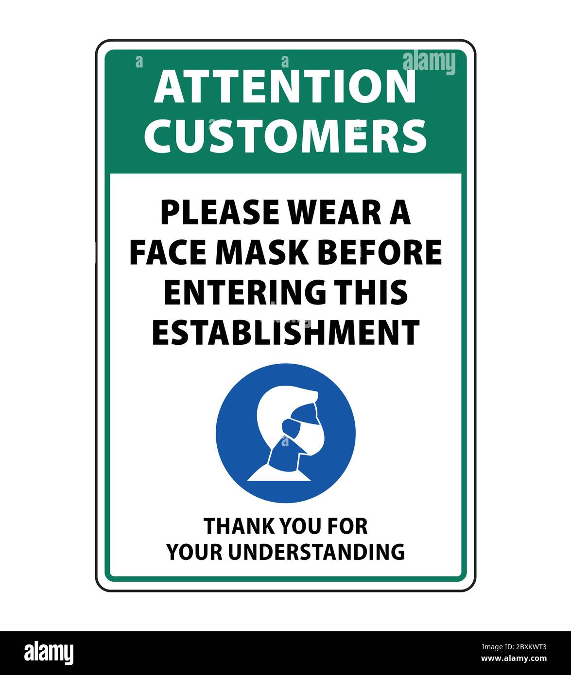 Attenzione i clienti si prega di indossare una maschera prima di entrare in questo cartello stabilimento, maschera facciale obbligatorio Illustrazione Vettoriale