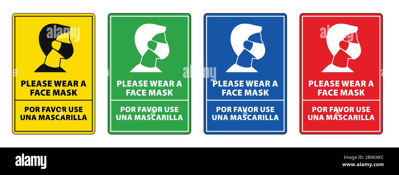 Maschera facciale richiesta raccolta di cartelli per la lingua inglese o spagnola, tutti devono indossare la copertura del viso Illustrazione Vettoriale