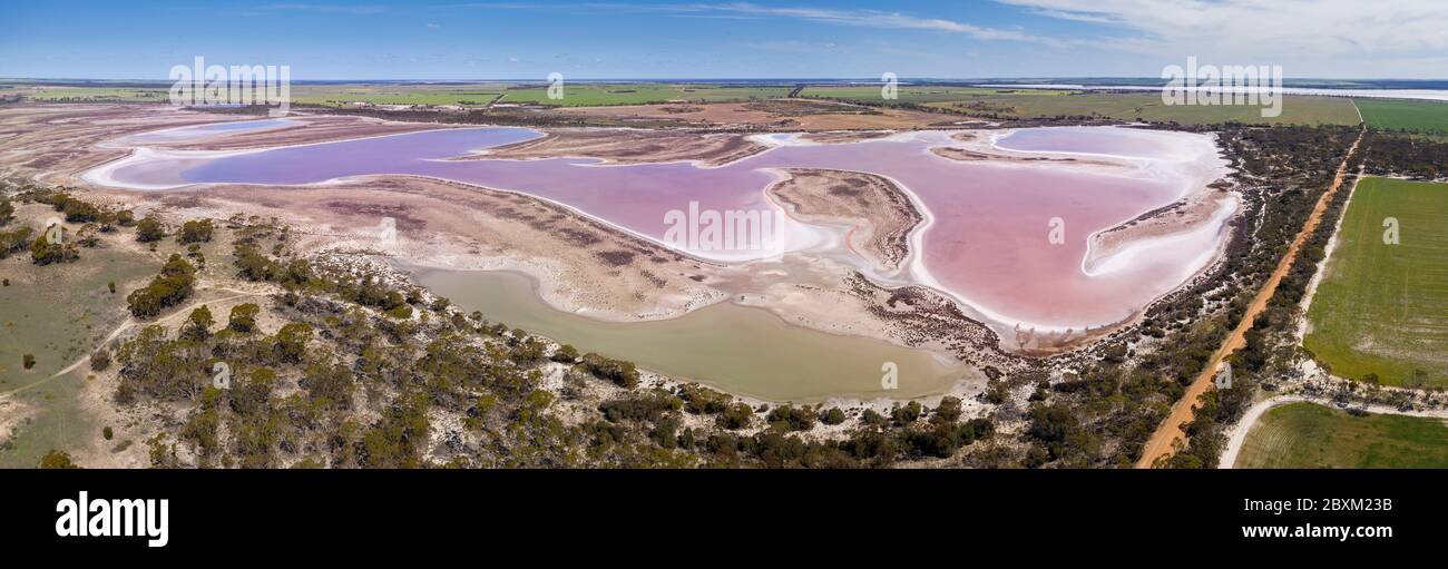 Vista panoramica aerea di un grande lago salato rosa situato vicino alla strada statale 40 nella regione della regione della regione dell'Australia Occidentale Foto Stock