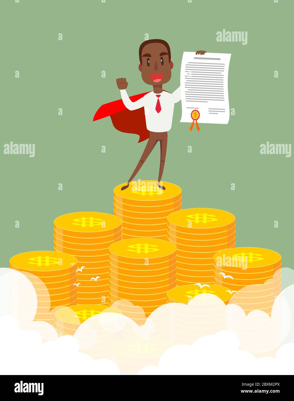 Un uomo d'affari afro-americano, giovane e felice, sorridente, è in piedi sul mucchio delle monete e mostra un certificato di premio. Illustrazione Vettoriale