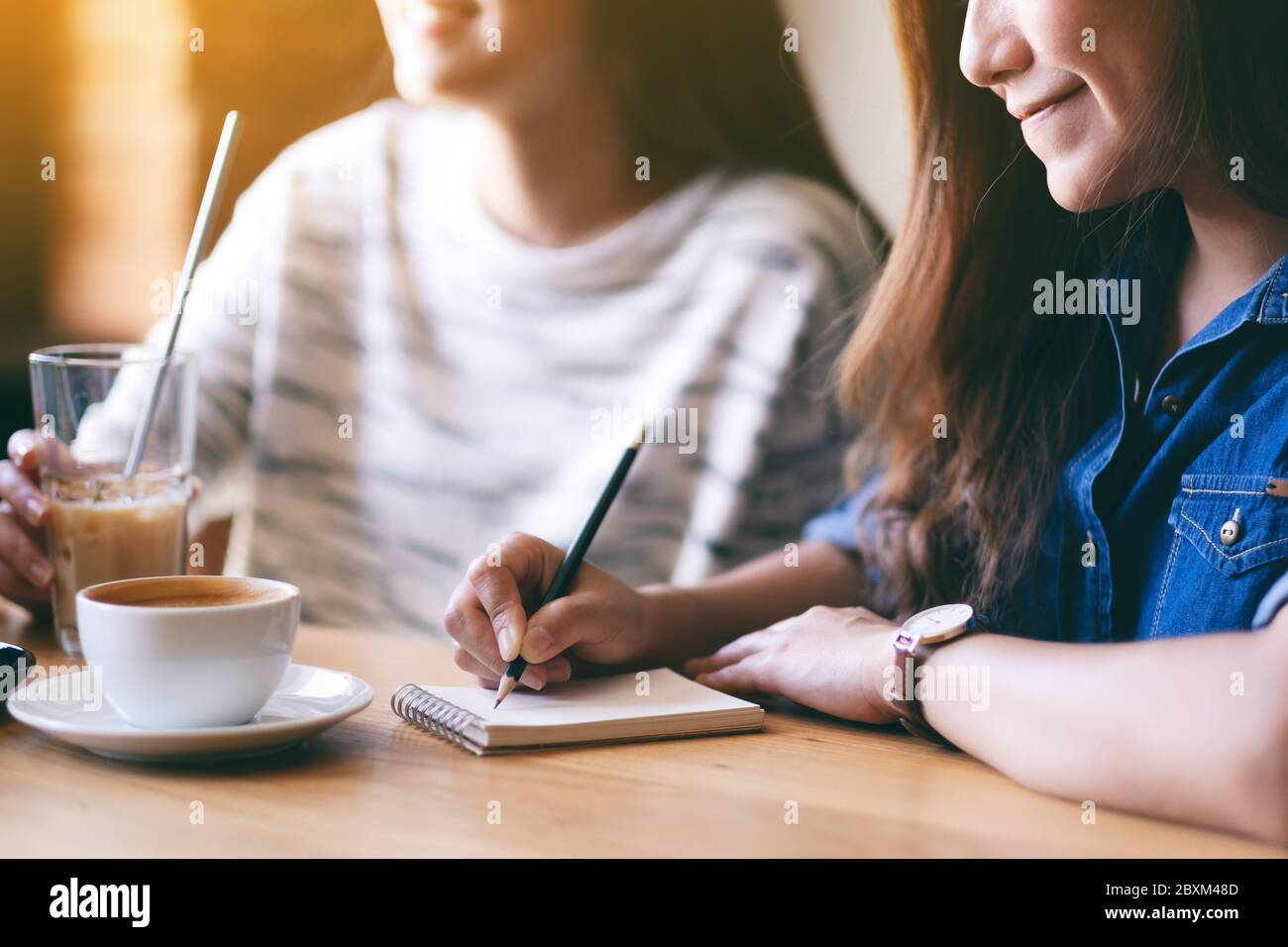 Immagine di una donna che scrive su un notebook mentre beve caffè con gli amici Foto Stock