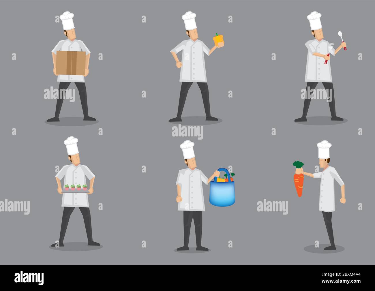Chef che indossa uniforme bianca e toque sempre pronti per la preparazione del cibo. Raccolta di illustrazioni vettoriali di caratteri cartoni animati isolati su semplice grigio ba Illustrazione Vettoriale