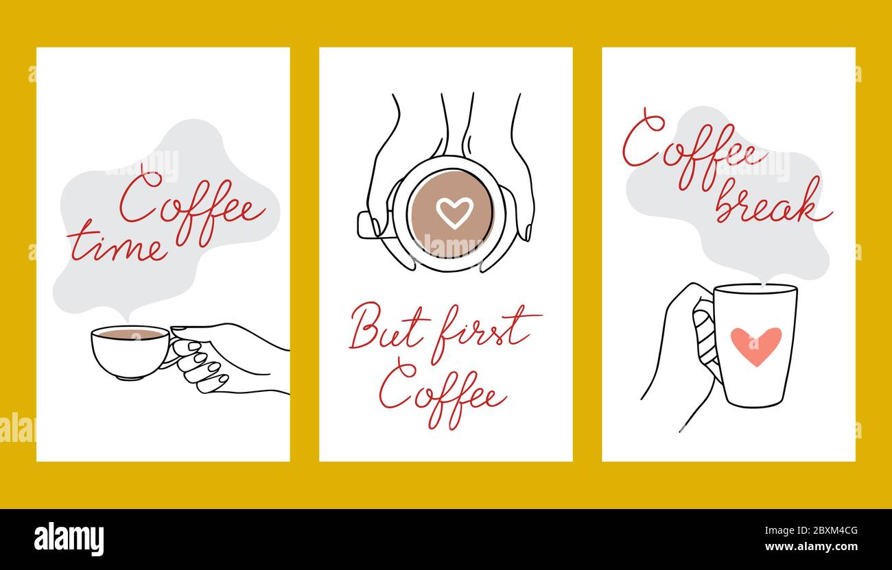 Una raccolta di banner vettoriali sul tema del caffè. Tempo di caffè, pausa caffè, ma primo caffè - tale iscrizione è sulle illustrazioni con Illustrazione Vettoriale
