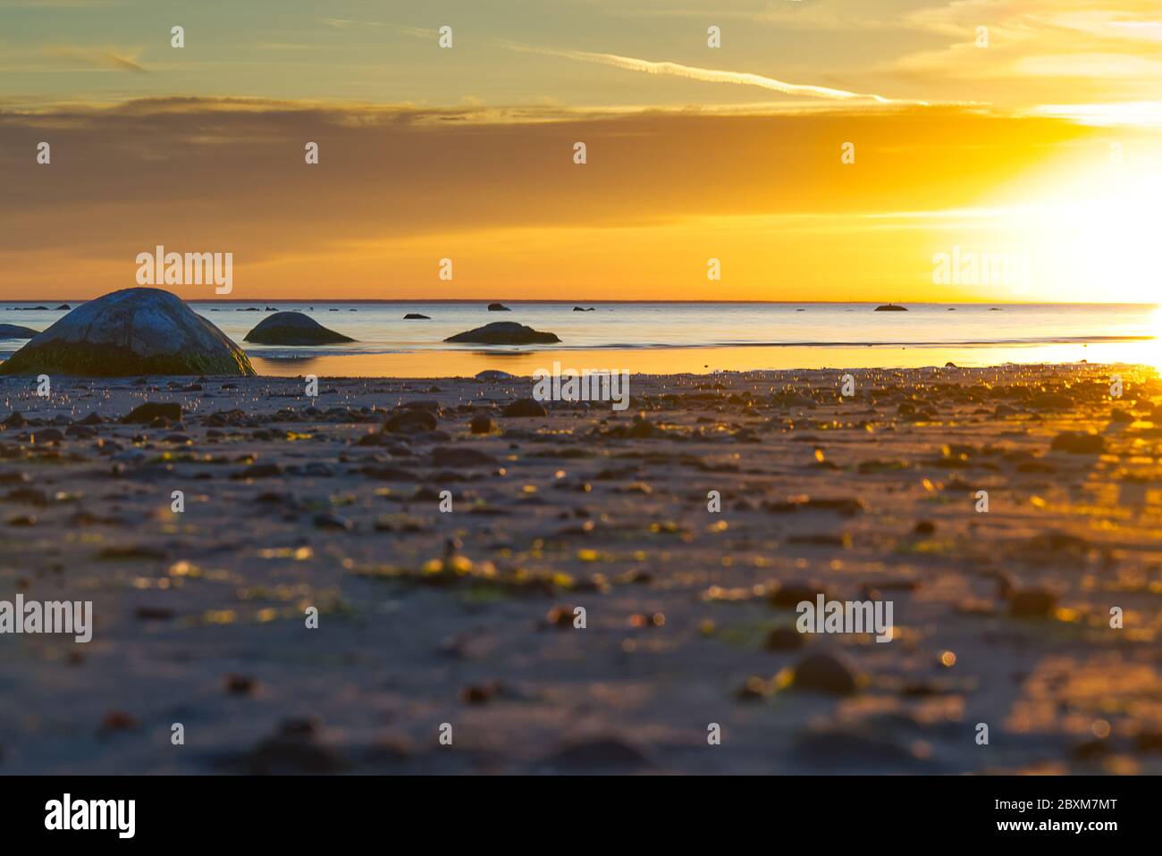 Paesaggio della spiaggia paradiso dello stato del Baltico. Tramonto sul Mar Baltico, Estonia, Tallinn. Splendido tramonto dorato sul mare. Messa a fuoco morbida Foto Stock