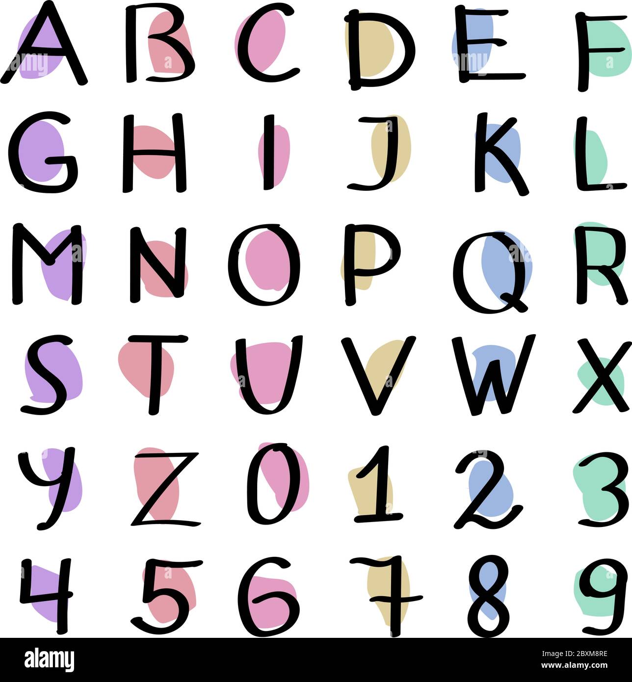 Alfabeto e numeri in stile Doodle. Concetto di tipografia disegnata a mano. Modello di disegno di numeri e lettere Illustrazione Vettoriale