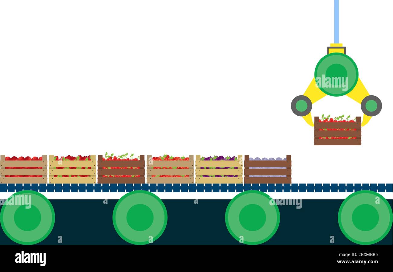 Il robot sta sollevando le cassette di frutta in fabbrica Illustrazione Vettoriale