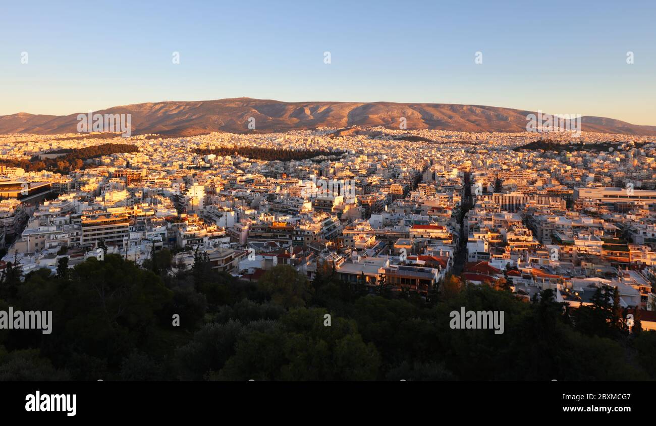 Panorama di Atene dal Acropoli, skyline della Grecia Foto Stock