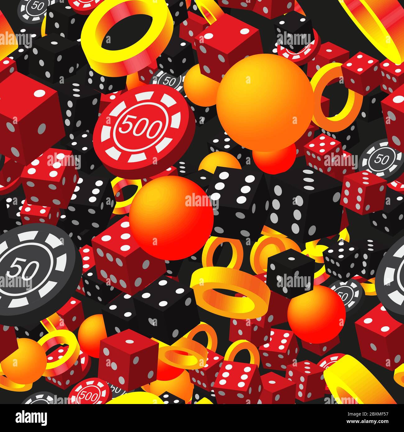Anelli astratti Balls Poker Chips e dadi su Black Illustrazione Vettoriale