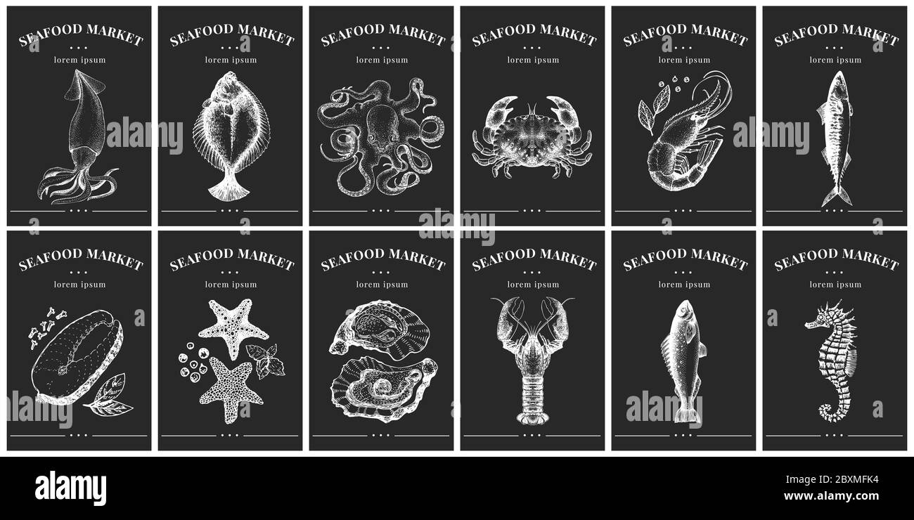 Etichette con frutti di mare. I modelli vintage dei prezzi sono per negozi e mercati. Illustrazioni vettoriali su cartoncino. Illustrazione Vettoriale