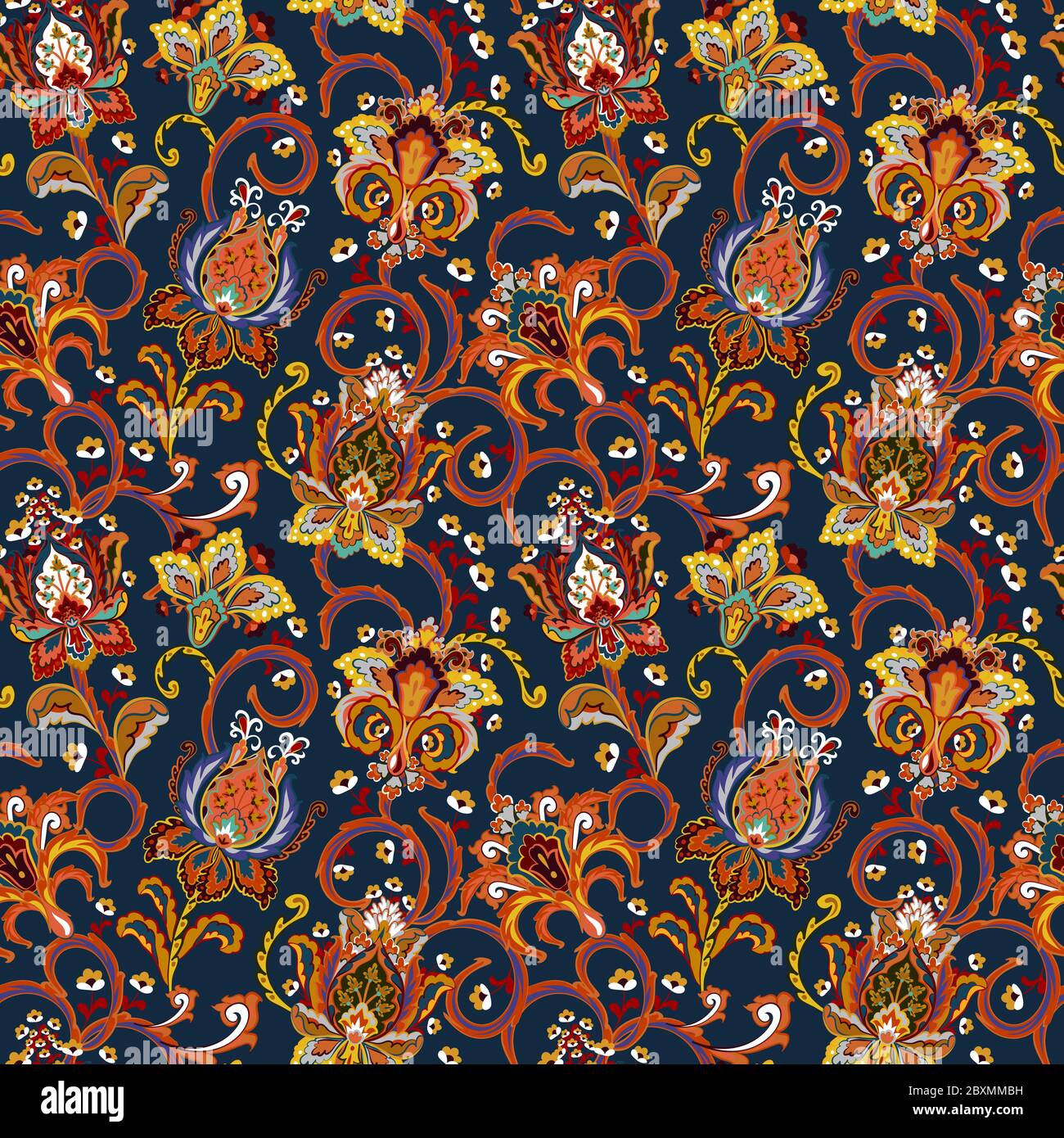 Motivo senza giunture (piastrella) con fiori disegnati a mano. Sfondo colorato con fiori bizzarri, paisley. Luminoso e colorato su blu navy Illustrazione Vettoriale