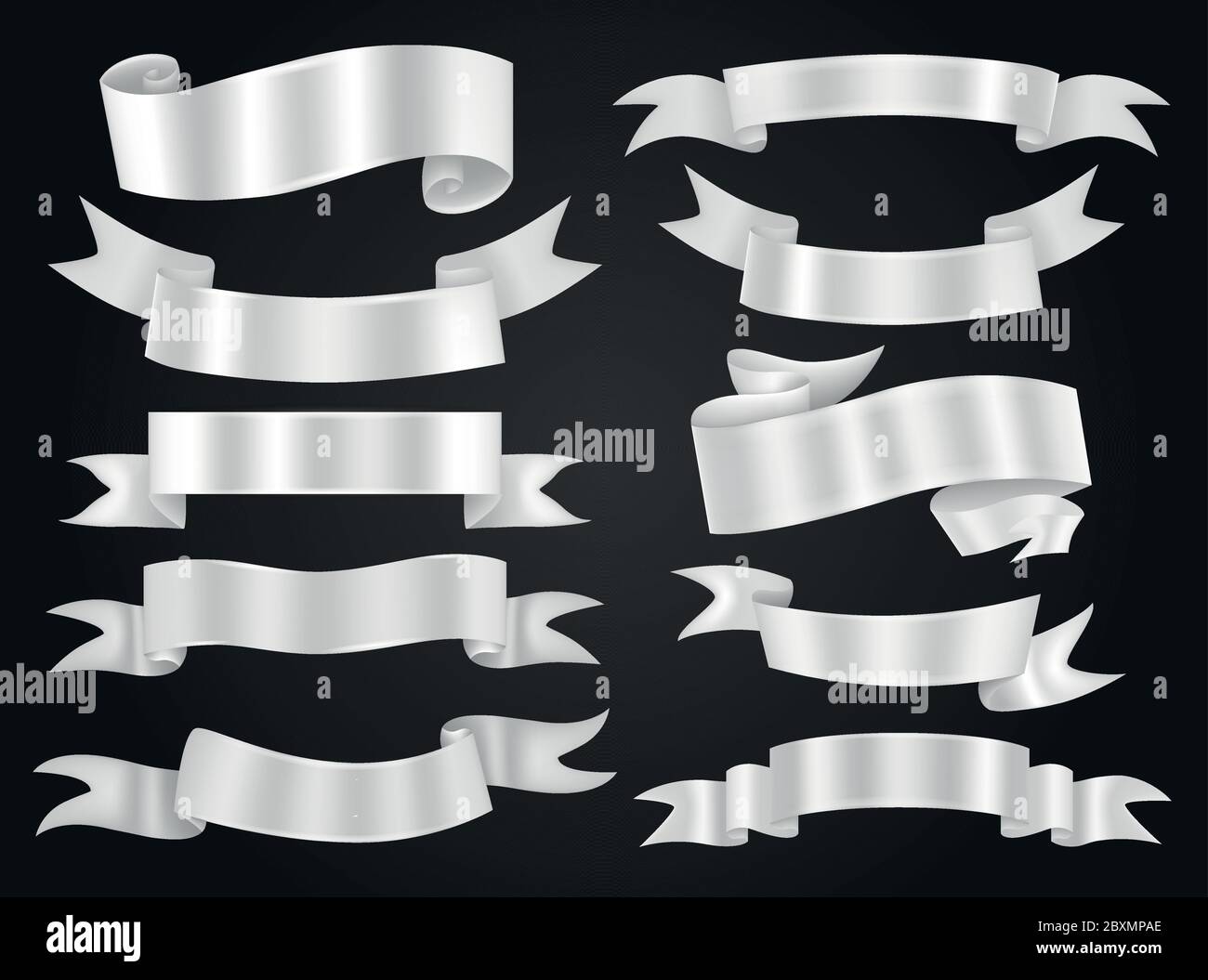 Collezione di striscioni in nastro argento. Illustrazione vettoriale per lo stile di lusso pubblicitario. Illustrazione Vettoriale