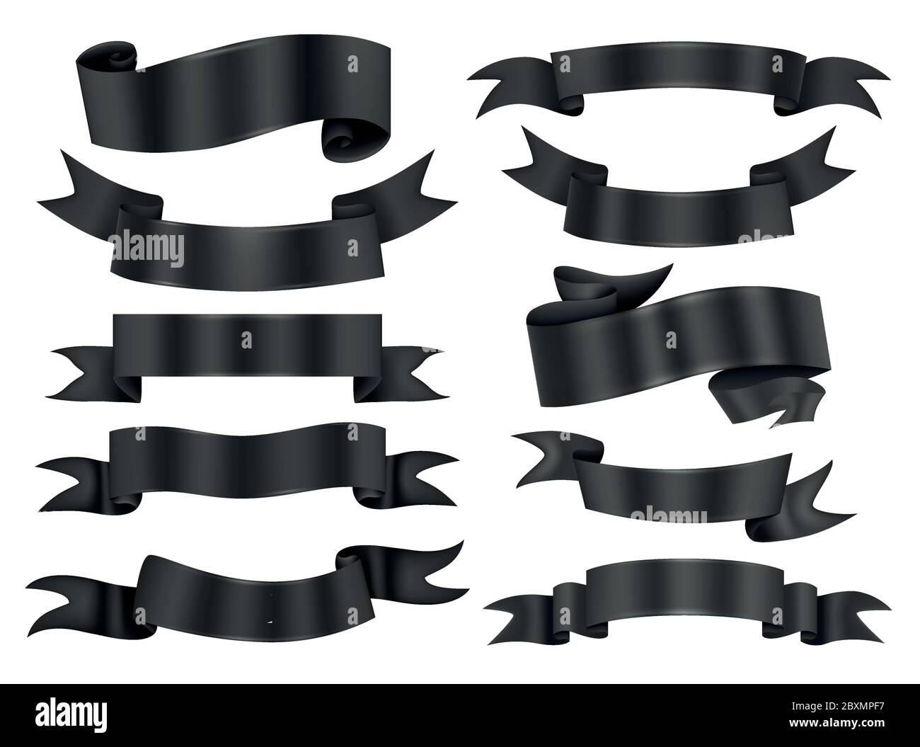 Collezione di banner a nastro nero. Illustrazione vettoriale per lo stile di lusso pubblicitario. Illustrazione Vettoriale