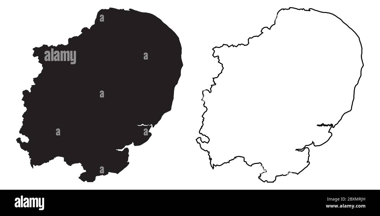 Mappa dell'Inghilterra orientale. Mappe nere e a profilo. File vettoriale EPS. Illustrazione Vettoriale