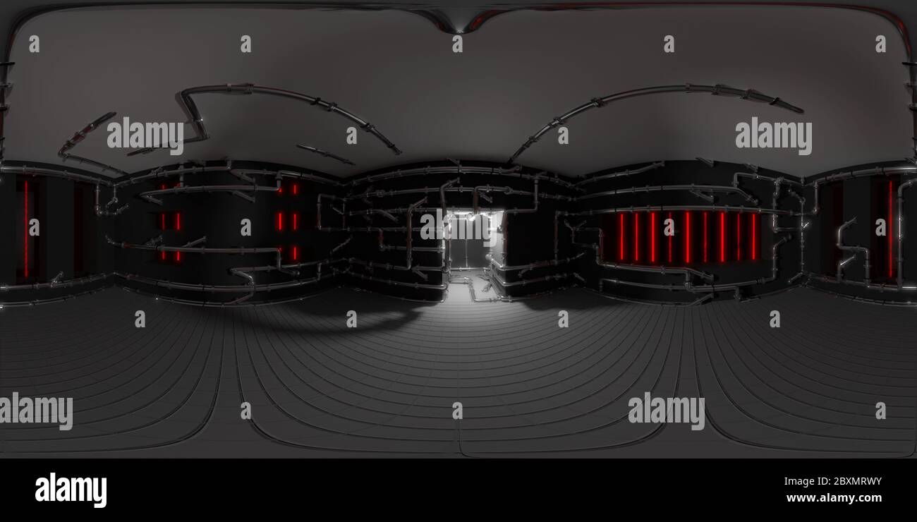 Mappa HDRI 4K, sfondo panoramico sferico dell'ambiente, stanza misteriosa con molti tubi, rendering della sorgente di luce interna (rendering equirettangolare 3d Foto Stock