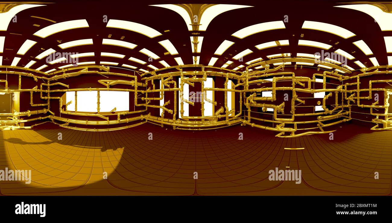 Mappa HDRI 4K, sfondo panoramico dell'ambiente sferico, stanza con molti tubi, rendering della sorgente di luce interna (rendering equirettangolare 3d) Foto Stock