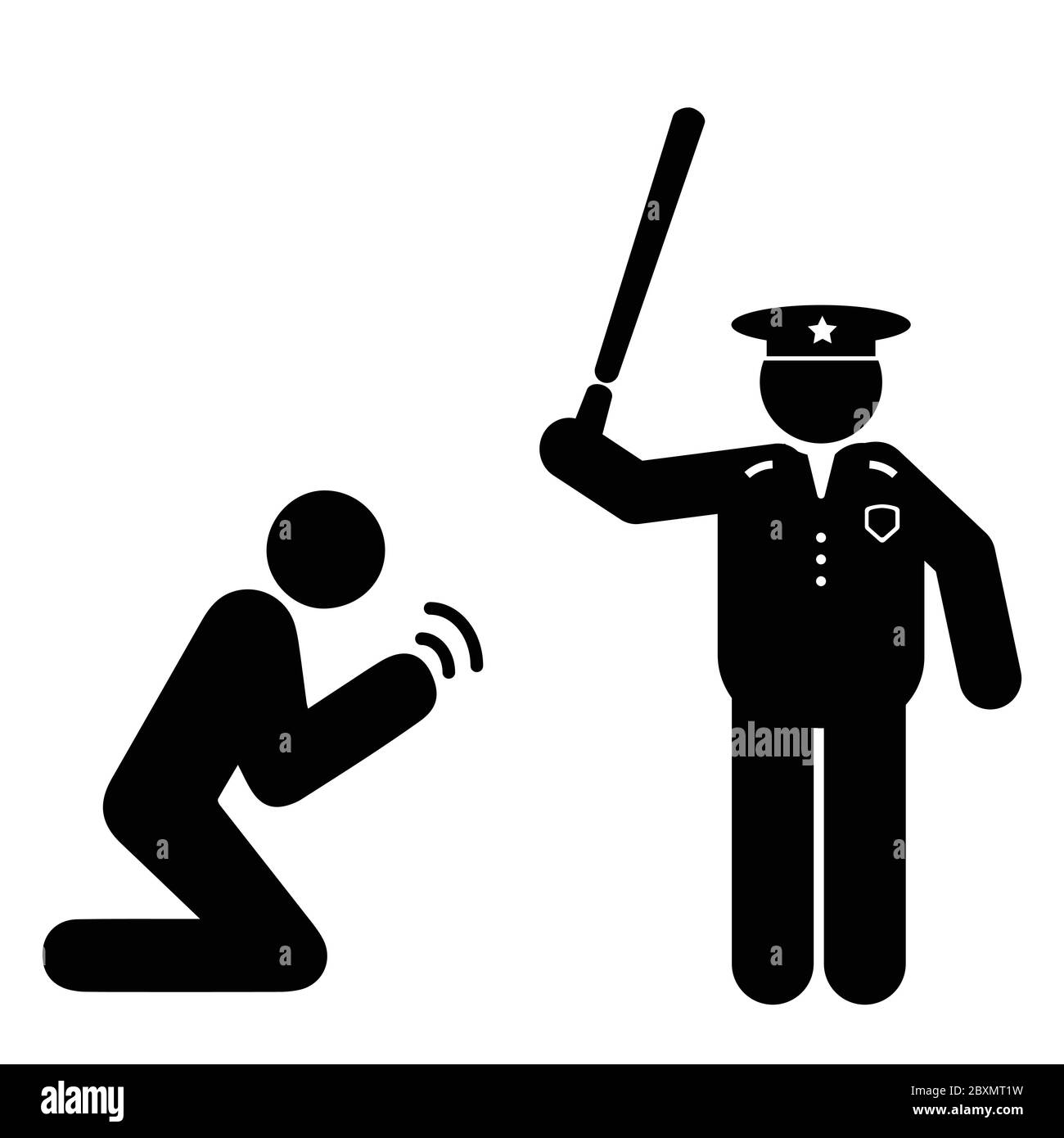 Brutalità della polizia uomo che prega la polizia con Baton. Illustrazione che raffigura l'uomo che mendica la polizia brutale. Le vite nere contano BLM. Vettore EPS bianco e nero Illustrazione Vettoriale