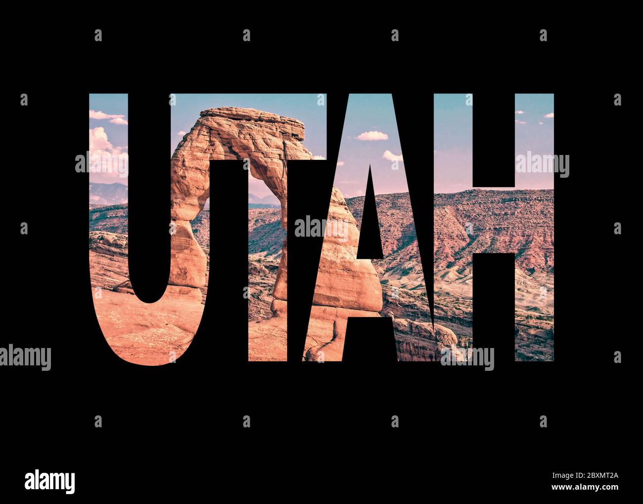 Word Utah su sfondo nero, palme, stile vintage Foto Stock
